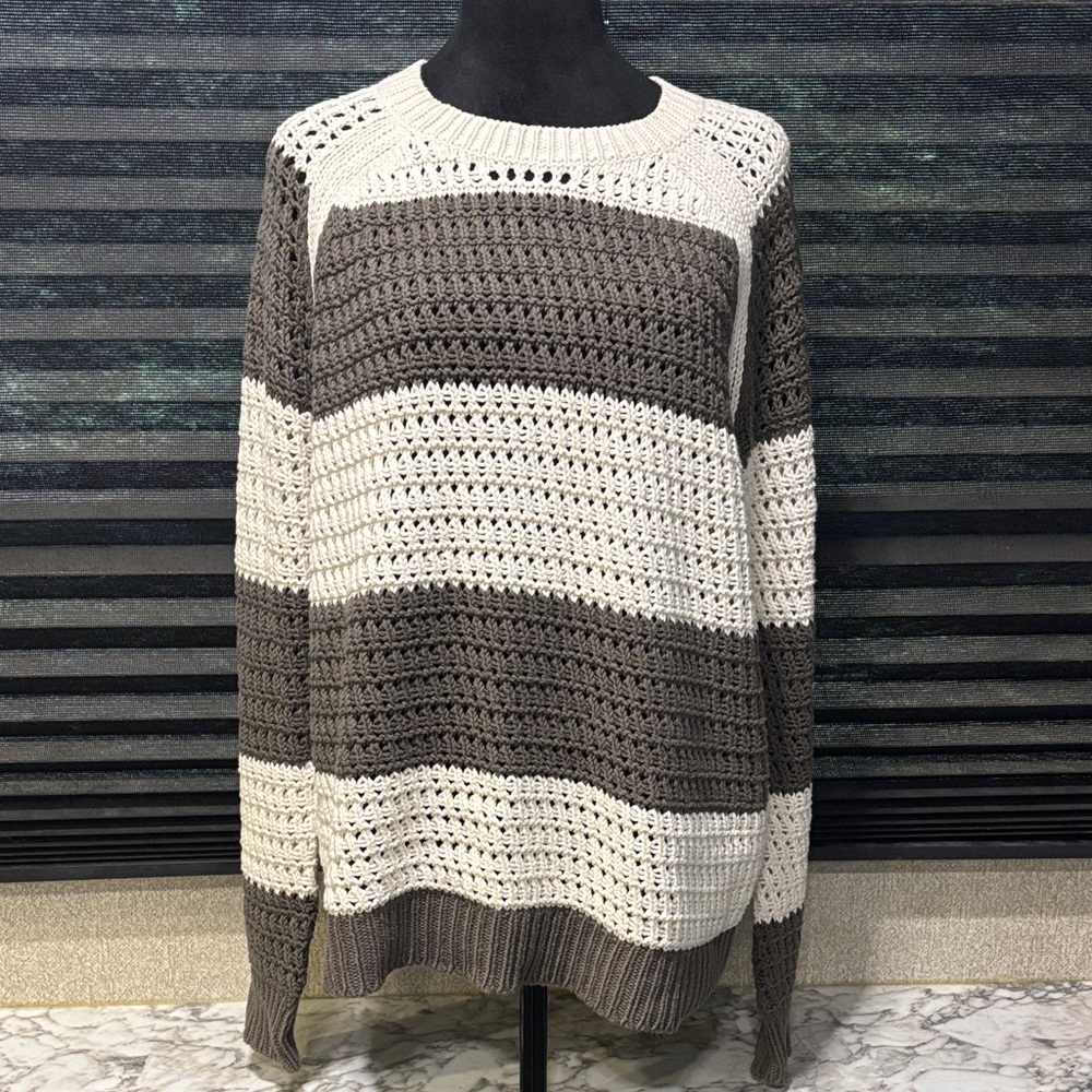 360 SWEATER Women’s Green & White Colorblock Stripe Open‎ Knit Sweater Large